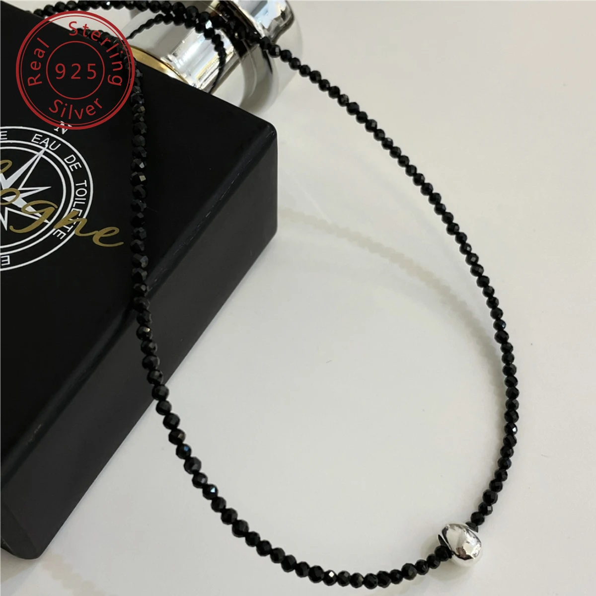 925 silver bean black spinel necklace, Korean style niche minimalist style, versatile for daily commuting