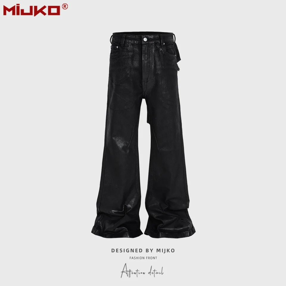 MIJKO ブラックワックスレザー Strecth ジーンズ男性女性だぶだぶの