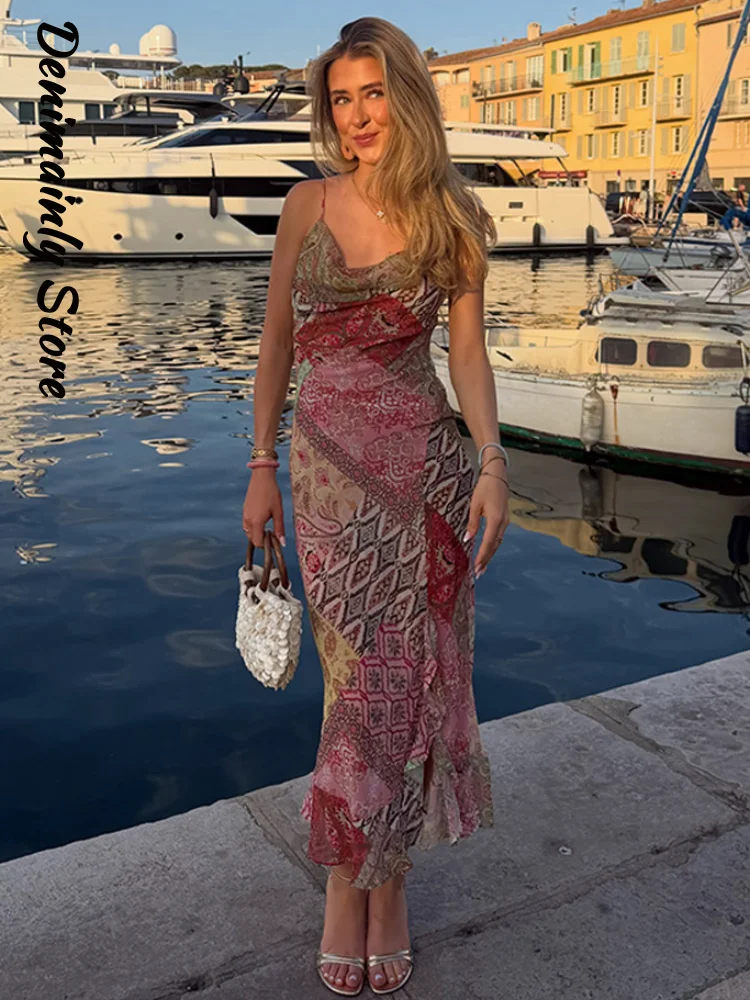 Modische Damen-Sling-Maxikleider mit Farbblock-Print, schmal geschnitten, ärmellos, rückenfrei, zum Schnüren, Sommer-Urlaubskleider 2026