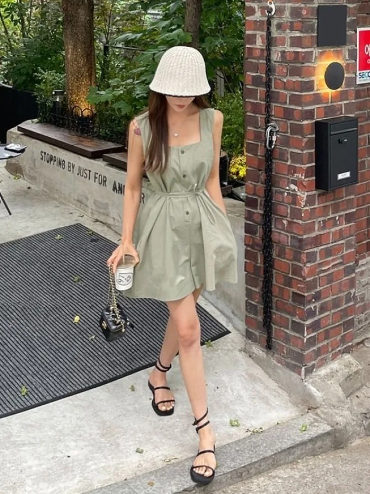 Women\'s Summer Short Shirt Elegant Jumpsuits & Rompers Square Collar Lacing Up Sleeveless Flare Pants Playsuits Female