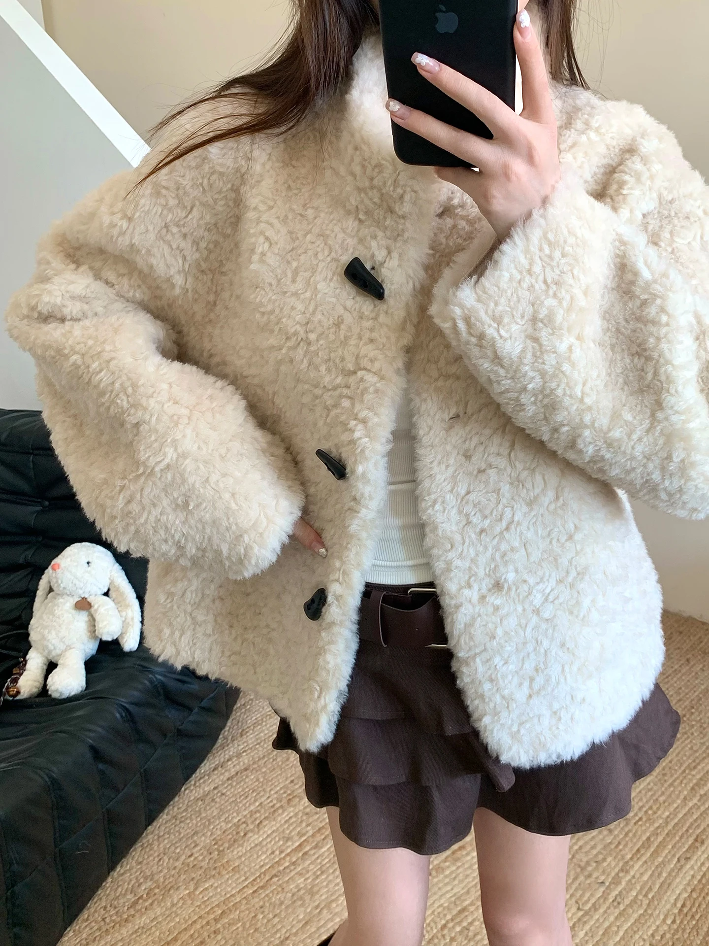 

Winter New Full Wool Fur Coat Button Stand Collar Lamb Fur Inteated Real Fur Coat Comfortable Warm Long Sve Korean Sle