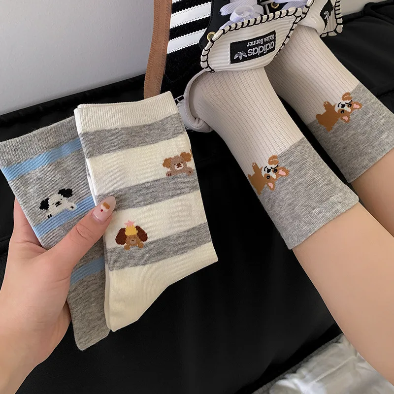 4 أزواج الجوارب النسائية مجموعة الكورية تنفس مريحة عالية الجودة جوارب قطنية الكرتون جرو Kawaii الحلو لطيف منتصف جوارب أنبوبية #1