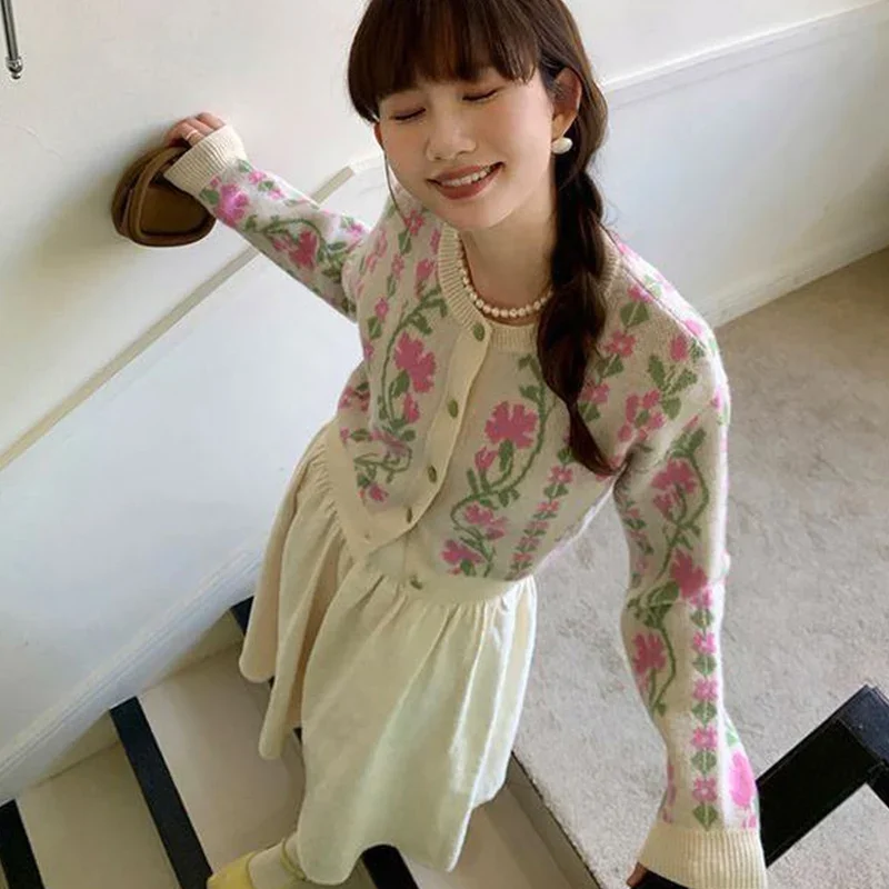 

Nice Autumn Vintage Knitting New Office Lady Cardigan O-neck Long Sleeve Coat Women Clothing Korean Jacquard Buttons Slim Top Te