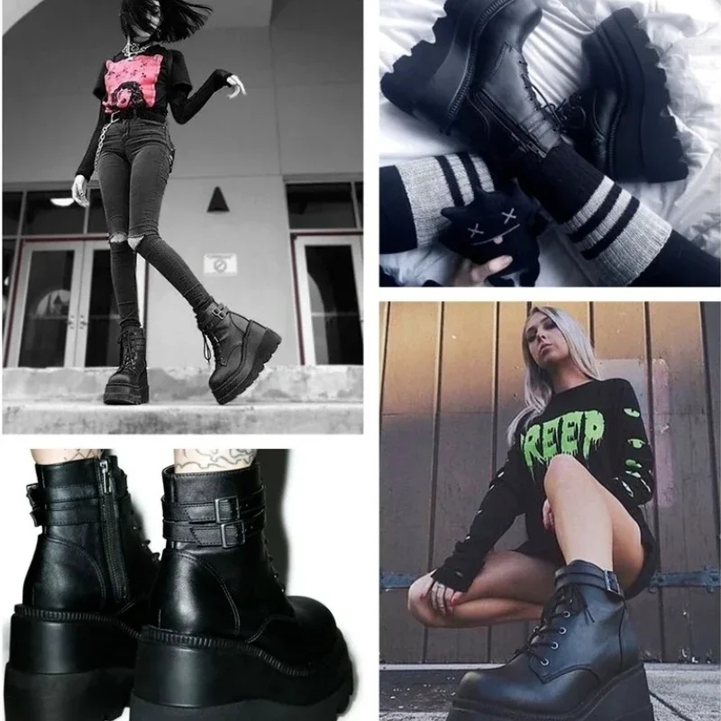 Brand Design Women High Heels Punk Gothic Female Motorcycle Boots Platform Women Boots Fashion Wedges Ankle Boots Big Size 36-43