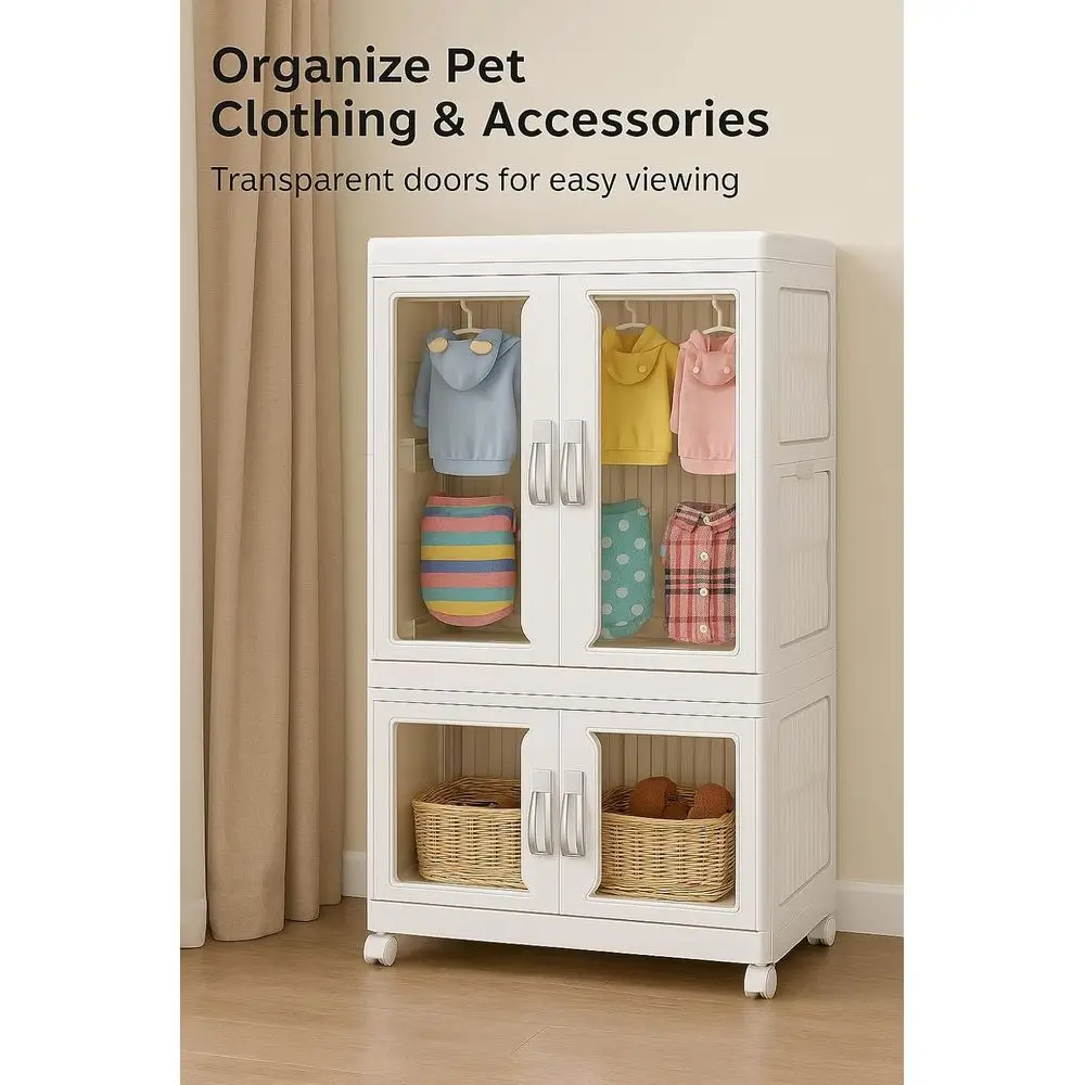 خزانة حيوانات أليفة بلاستيكية قابلة للطي بطبقتين مع قضيب تعليق، منظم ملابس الحيوانات الأليفة الصغيرة خفيف الوزن المقاوم للماء #3