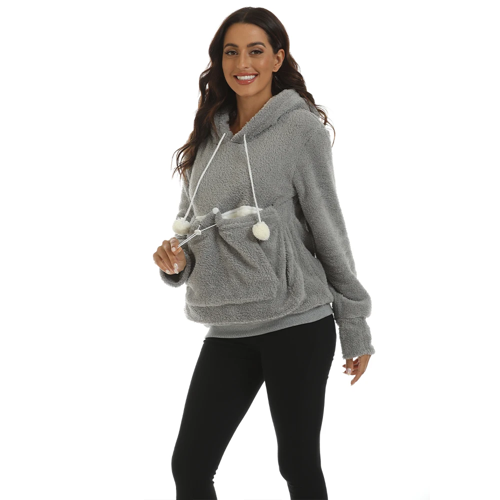 Sweat-shirt à capuche pour femmes, mignon, pour animaux de compagnie, livraison directe, avec oreille, dessin animé, grande pochette, manches longues, ample, pull en peluche, automne 2024