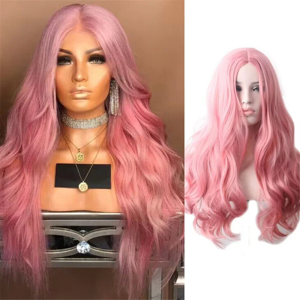 

Euro-American pink wig for women, synthetic middle-part long curly hair with big waves, high-temperature silk polyester wig cap