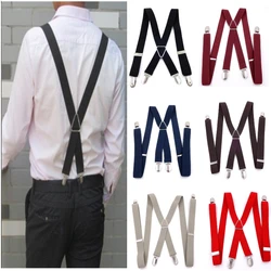 Suspenders Men Solid Color Polyester Elastic Adult Belt X-Shape Braces with 4 Clips for Women