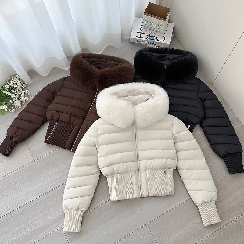 

2025 Korean Winter Faux-Fox Fur Women Solid Hooded Short Chic Coats Warm Jacketes Female Outdoor Y2k Cotton Padded Outwear
