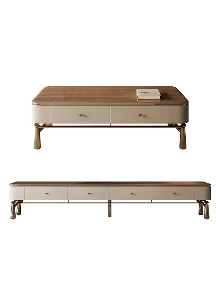 BJ Light Luxury Italian-Style TV Cabinet And Tea Table Combination Living Room Solid Wood Multi-Layer Modern Storage Floor Cabin