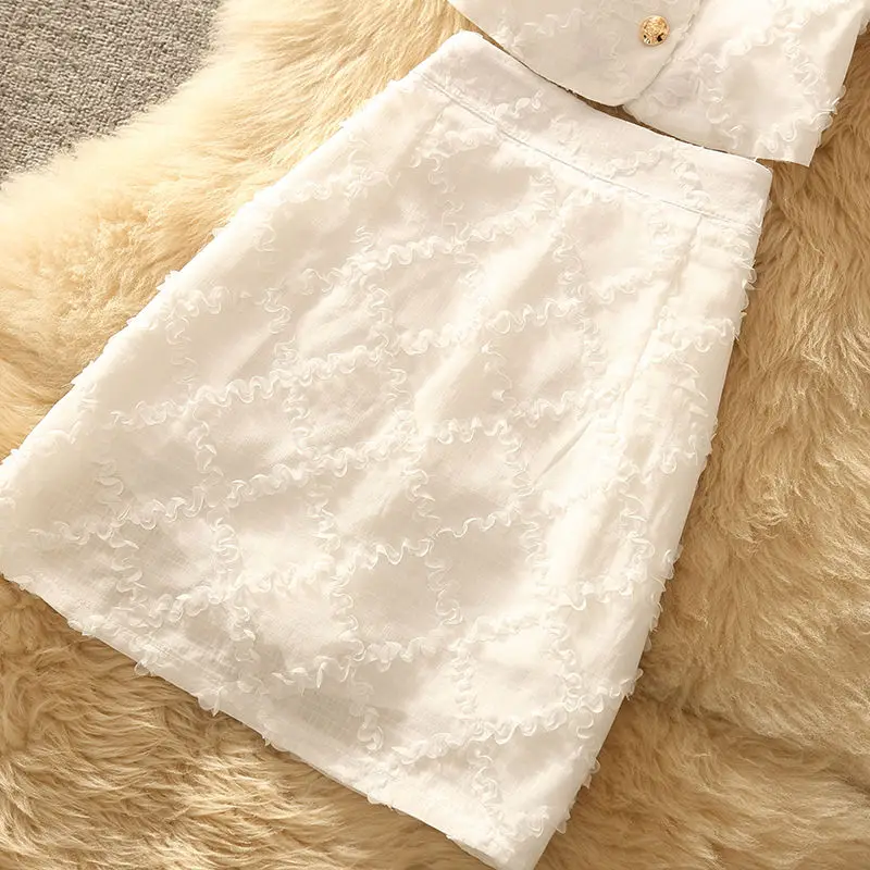 2024 Summer New French Lace V-neck Bubble Sleeve Shirt High Waist Half Body Short Skirt Two Piece Set for Women Short Sets