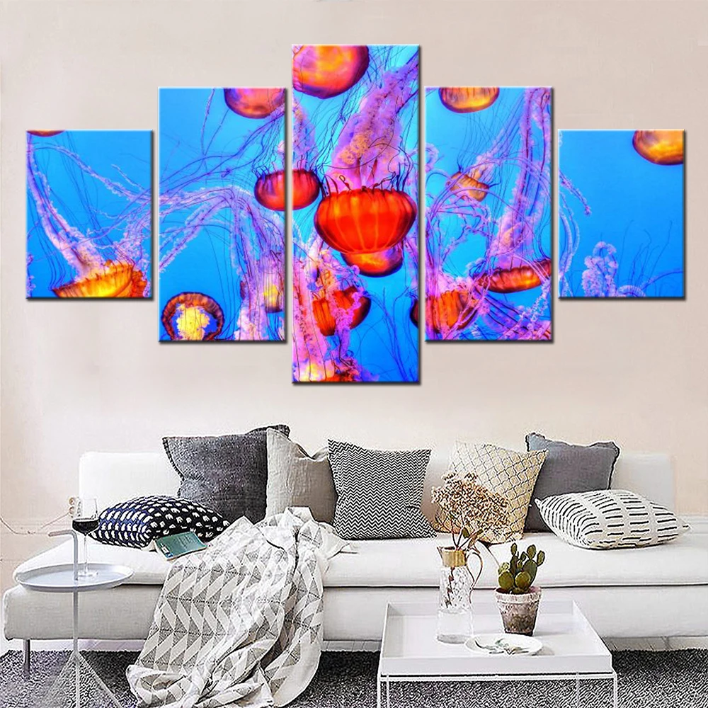5 Pieces Wall Art Canvas Animal Poster Orange Jelly Fishes Wallpaper Home Decoration For Living Room Picture Print Bedroom Mural