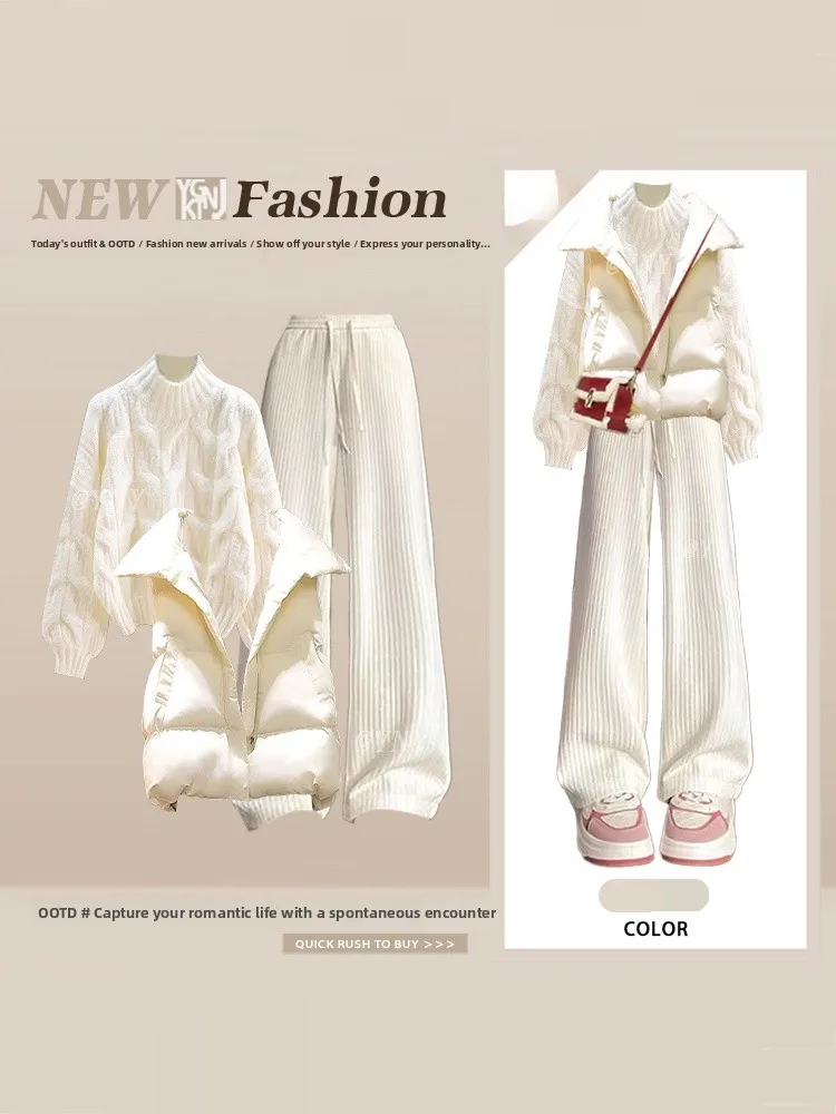 Zimowy dzianinowy komplet: golf, kamizelka, top, spodnie z szerokimi nogawkami, koszulka, styl koreański, casual, wysoka jakość, moda damska.