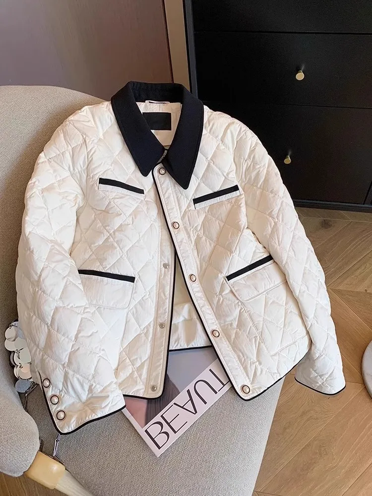 

Retro Color Blo Collar Diamond Pattern Cotton Jaet Women's Casual Autumn Winter Outerwear Versatile Comfortable Cott...