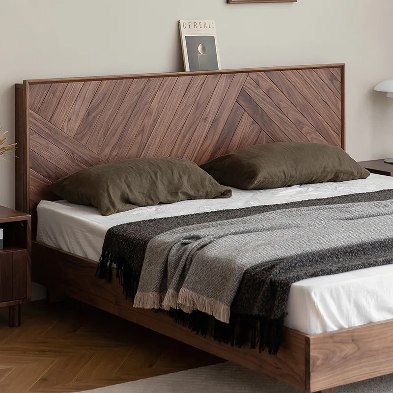 sh-Customized Queen Japanese Tatami Double Bed Modern North American Black Walnut Suspended Solid Wood Bed for Simple Bedroom%