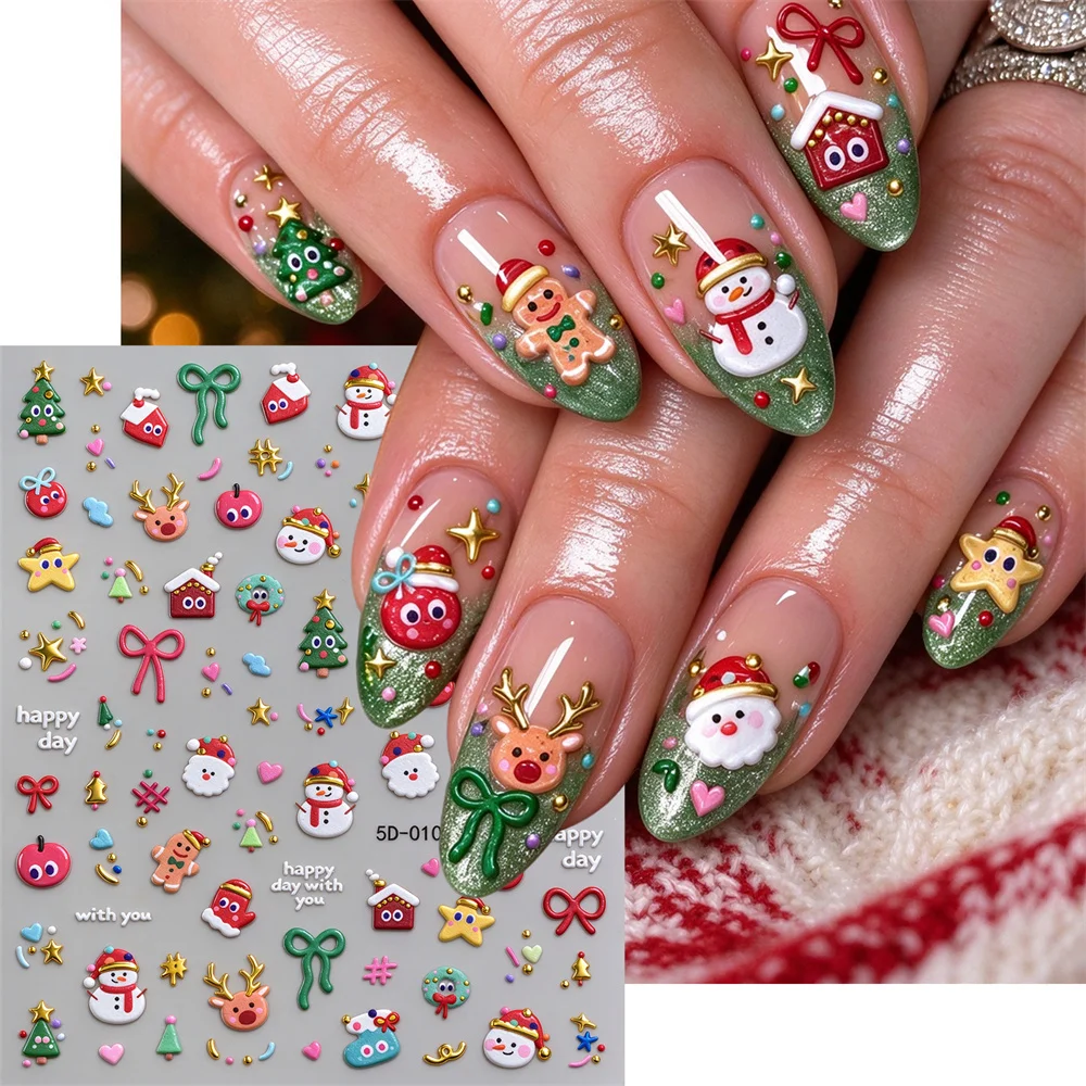 1Pc Kawaii Sweet Nail Decals 5D Embossed Waterproof Santa Candy Cane Gift Stocking for Winter Holiday DIY Home Manicure Decor
