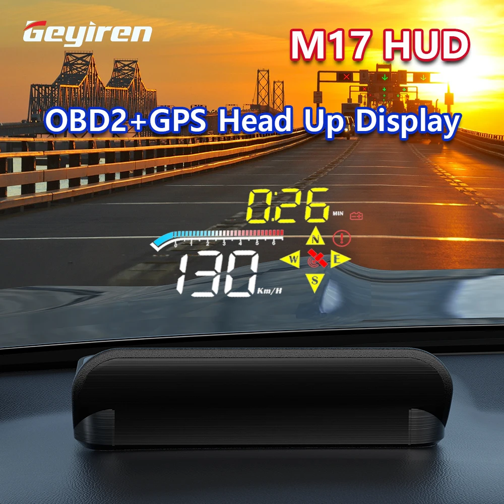 

Geyiren M17 OBD2 GPS Head Up Display Car HUD Windshield Speed Projector KMH MPH RPM Digital Speedometer Water Temp Alarm