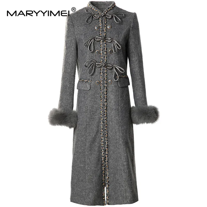 Autumn Winter Vintage Designer Coat Women Grey StCollar Single-breasted Button Pocket S-3xl Long Overcoat