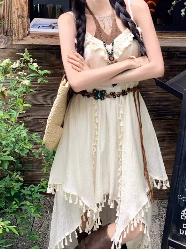 الغجر موضة البوهيمي شرابة غير النظامية عطلة زلة فستان الصيف عطلة الرسن الخامس الرقبة بلا أكمام الحمالات حزام ألف خط فستان