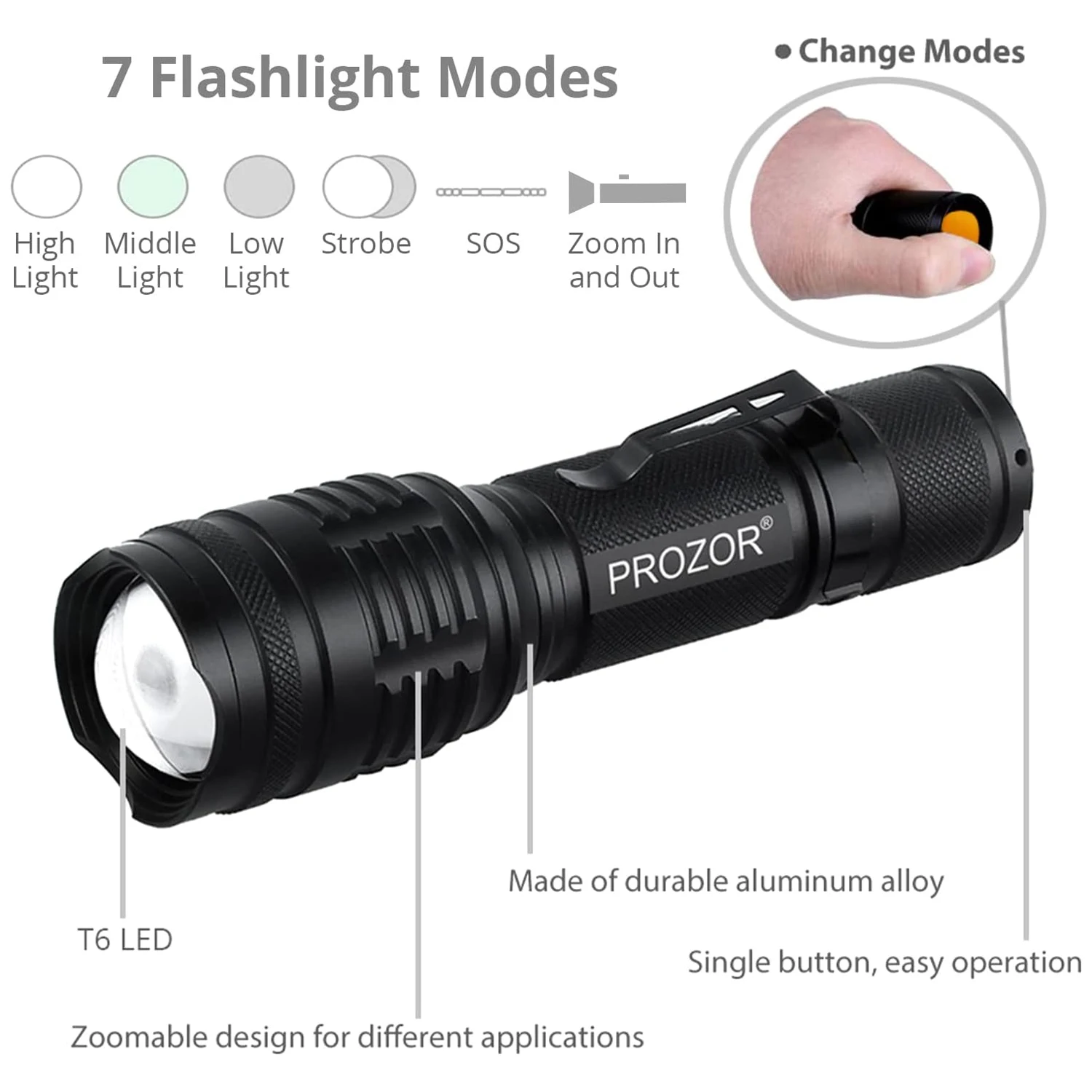 T6 LED Zoomable 18650 Flashlight USB Rechargeable Clip Torch Light Lamp Rainproof Adjustable 7 Modes with Original Camping Box