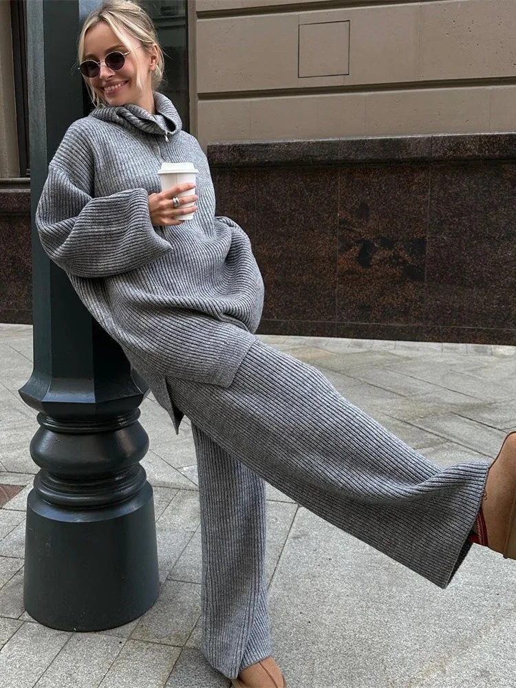 Oversized Thick Loungewear Women Tracksuit Casual 2 Pieces Set Zipper Sweater Pullover Elastic Waist Knit Trousers Sportswear