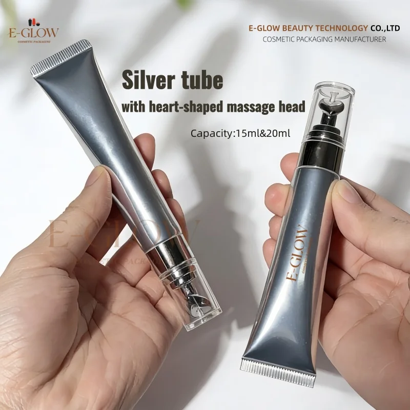 

【Logo Custom】50Pcs Customized 15ml/20ml Heart-shaped Massage Head Silver Tube Refillable Beauty Packaging Container