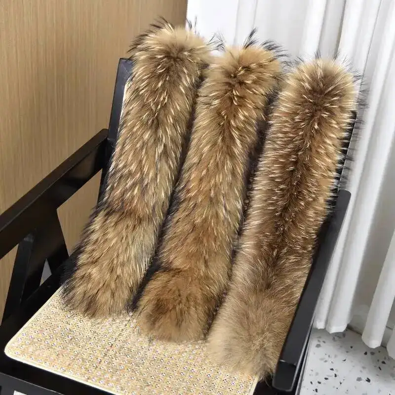

100% Real Raccoon Fur Collar Womens Natural Luxury Warm Fur Scarves Female Winter Hood Decor For Coat Jackets Shawls Detachable