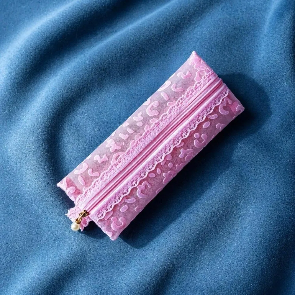 Compact Mesh Makeup Bag Pink Portable Pencil Pouch Compact Leopard Lace Pencil Case Stationery