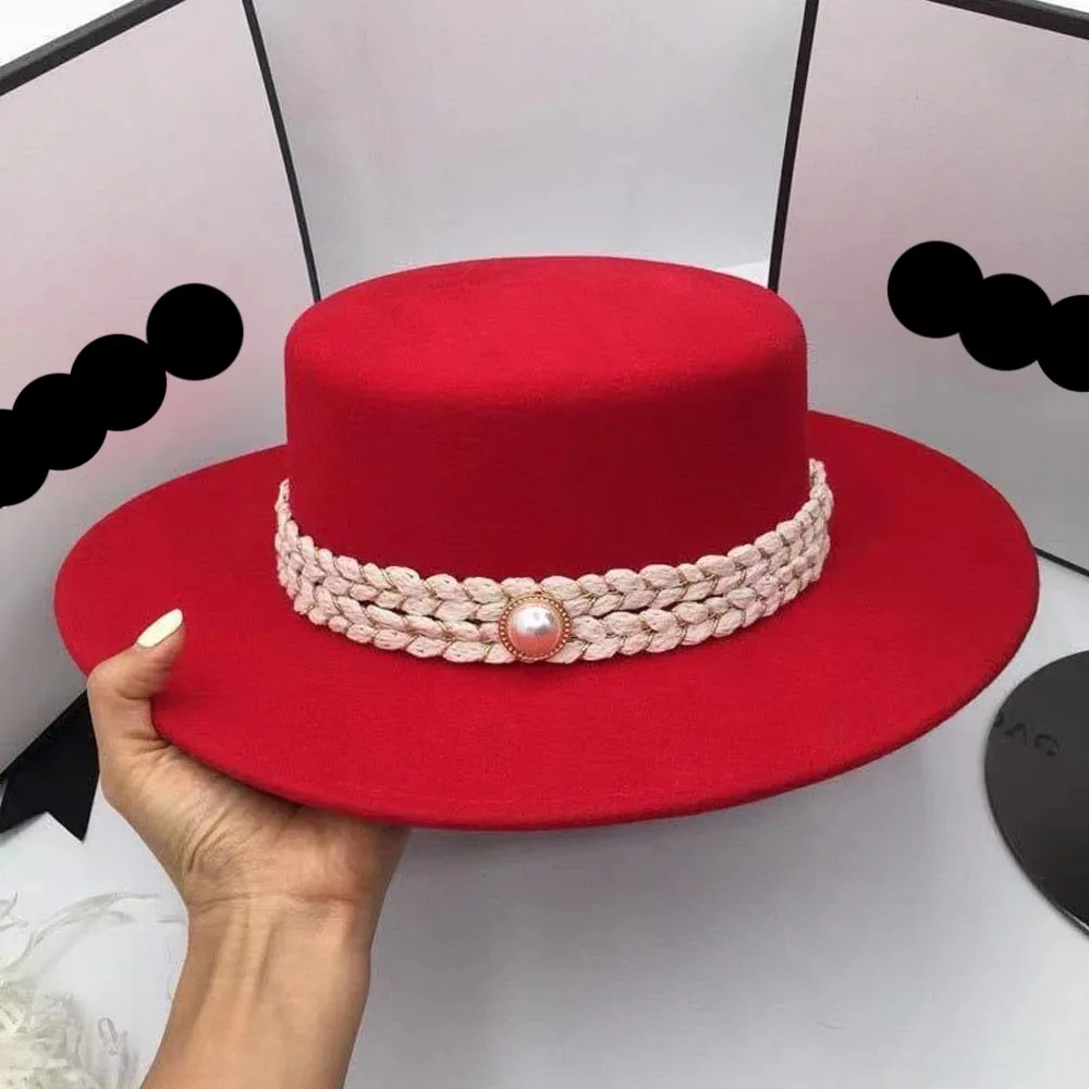 9.5cm Big Brim Fedora Hat for Women Braid Rope Pearl Decor Solid Color Flat Top Jazz Felt Hat French Boater Cap for Party Church