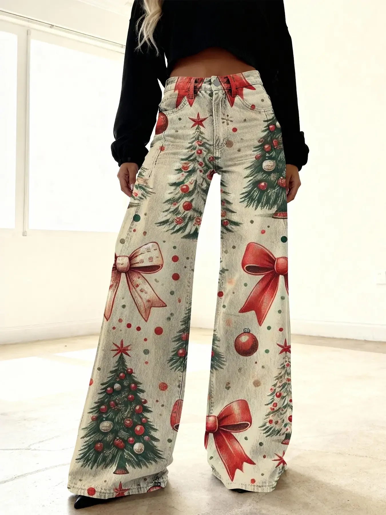 2026 Christmas women's imitation denim printed high waisted flared pants, sweet and cute, Women's Wash Set