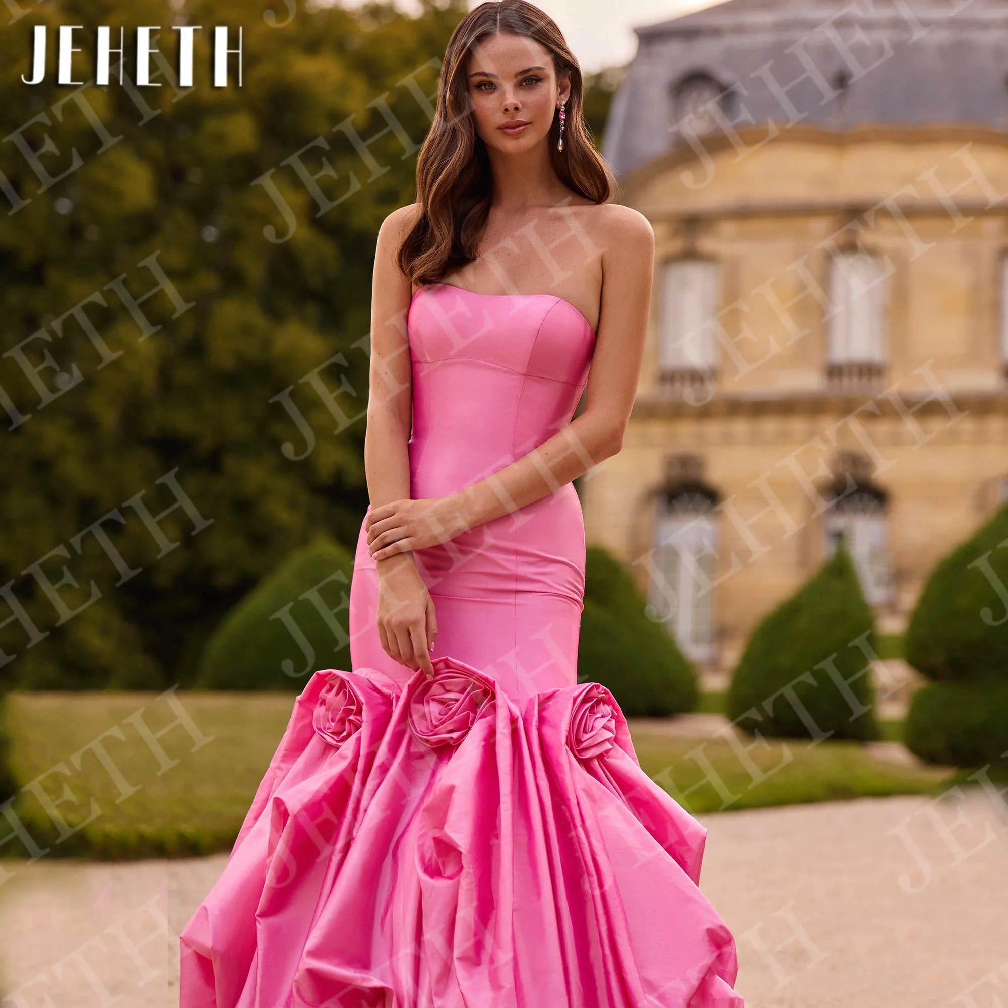JEHETH robes de soirée Satin robes de bal fête formelle personnalisé sirène bretelles 3D fleurs à volants robe de célébrité femme Robes de soirée Satin Robes de bal Fête formelle personnalisée Sirène sans bretelles 3D