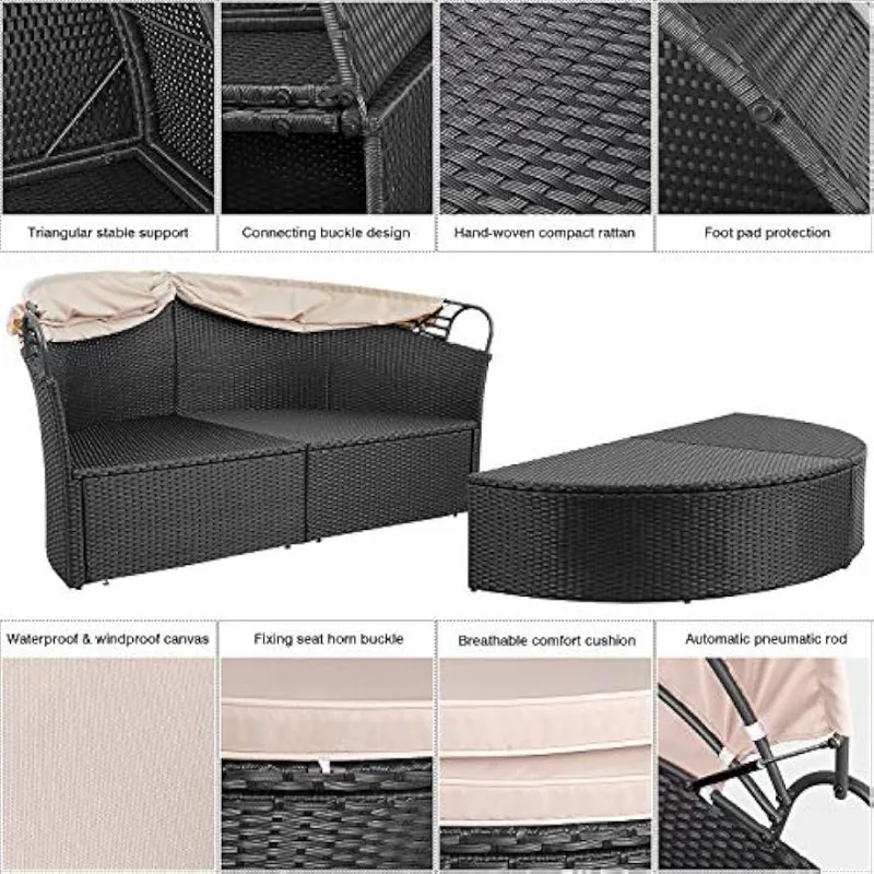 Muebles de Patio para exteriores, cama de día redonda con dosel retráctil, mimbre, ratán, Asientos separados, sofá seccional para césped de Patio