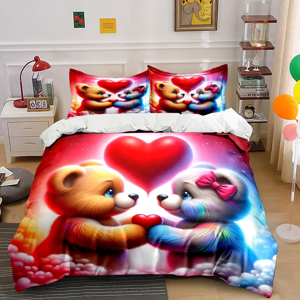 Bettwäsche-Set mit zwei Teddybären und Herz-Print, 1 Bettbezug, 2 Kissenbezüge für Erwachsene und Kinder, luxuriöses Geschenk, volle Größe