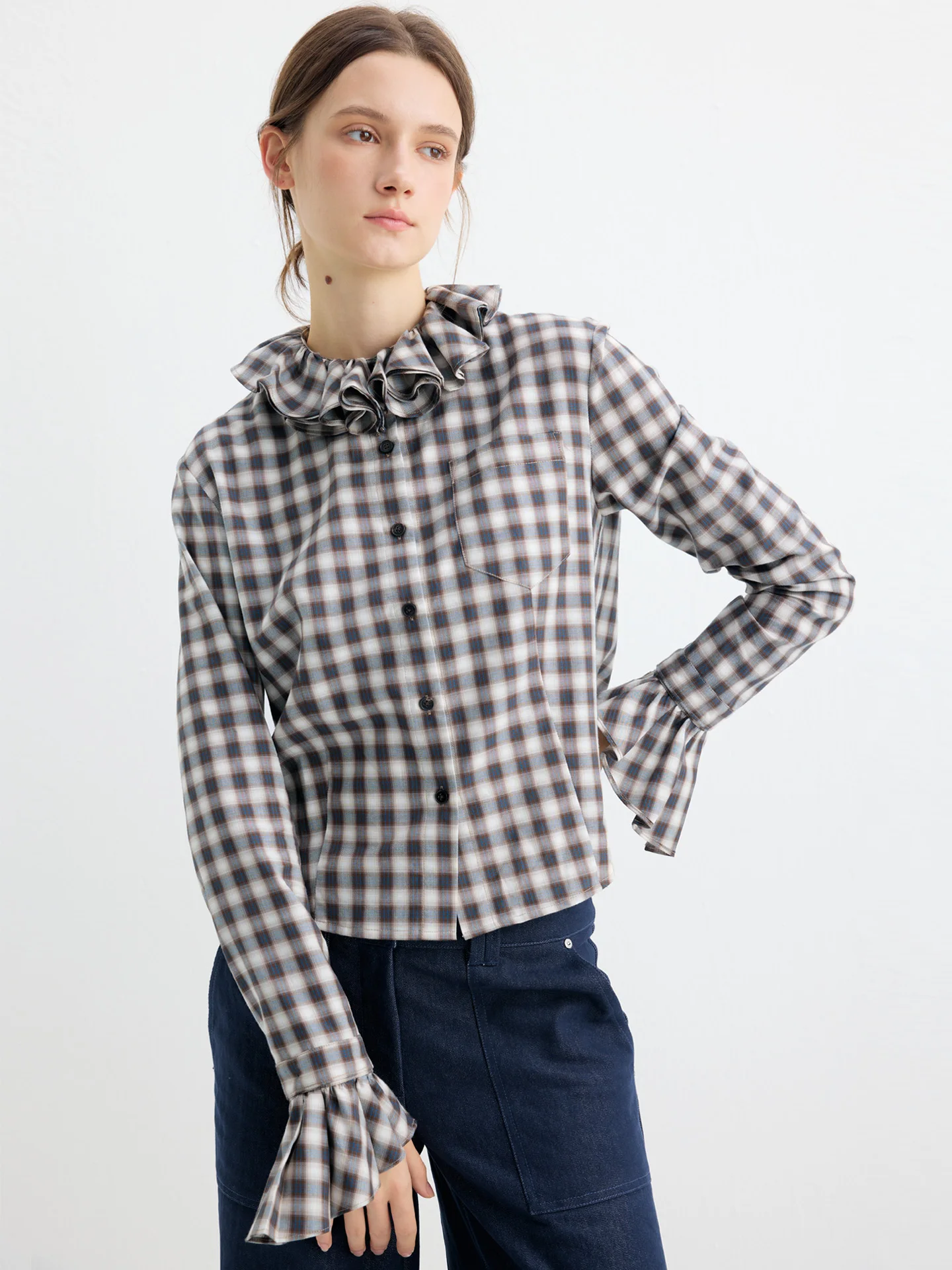 

Soutaw Studio Autumn Plaid Long Sve Women's irt Gathered Waist Bell Sve Casual Sle Cotton Lyocell Blend irt