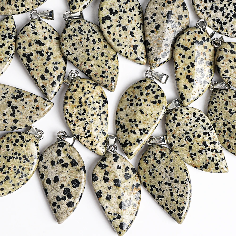 

1Pcs Natural Dalmatian Jasper Pendant 39x22x7mm Beige & Black Leaf-Shaped Stone Unique Handmade Jewelry Gift for Women & Men