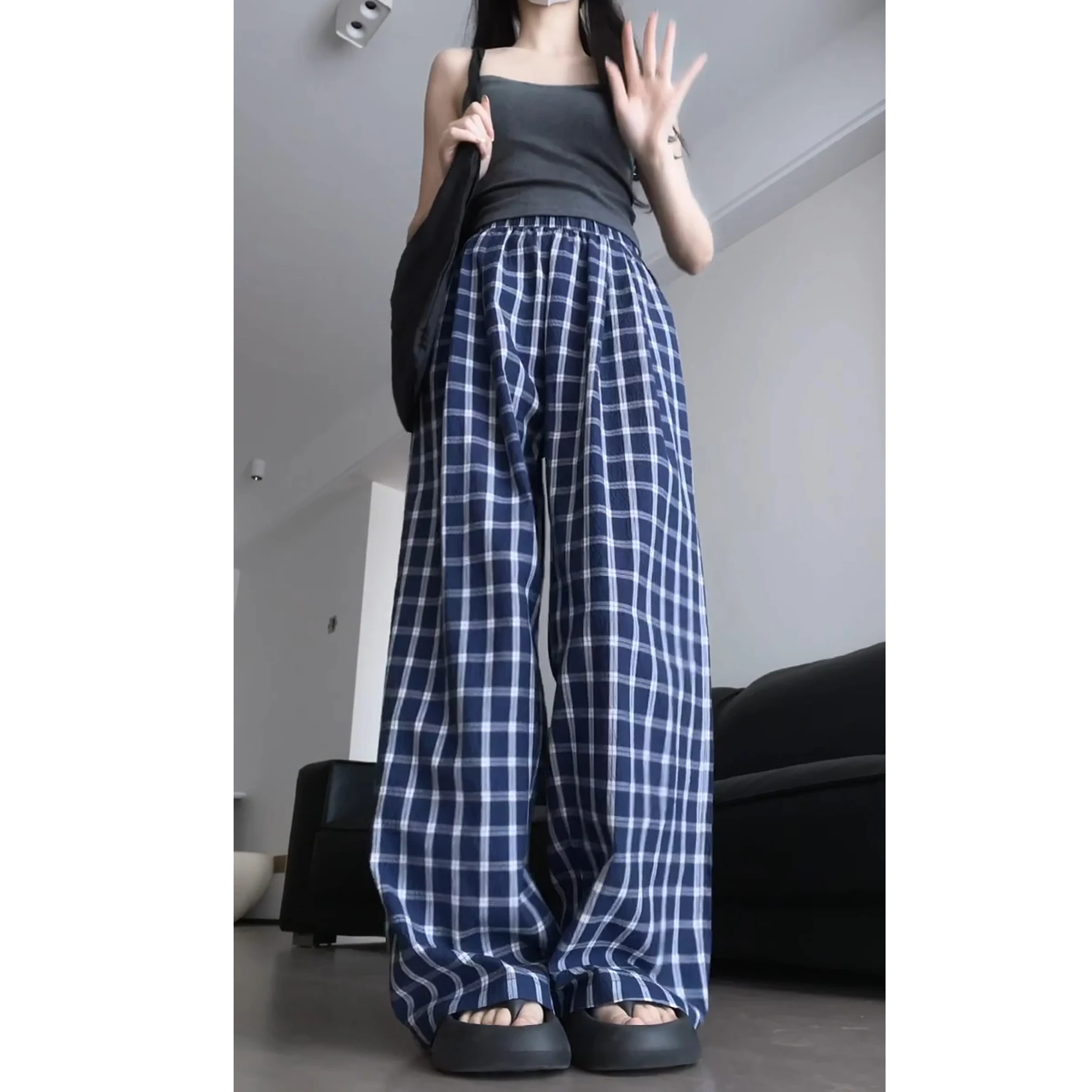Pantaloni larghi larghi scozzesi retrò bianchi blu Pantaloni estivi da donna sottili nuovi Sle Pantaloni casual a gamba dritta Pantaloni lunghi a vita alta