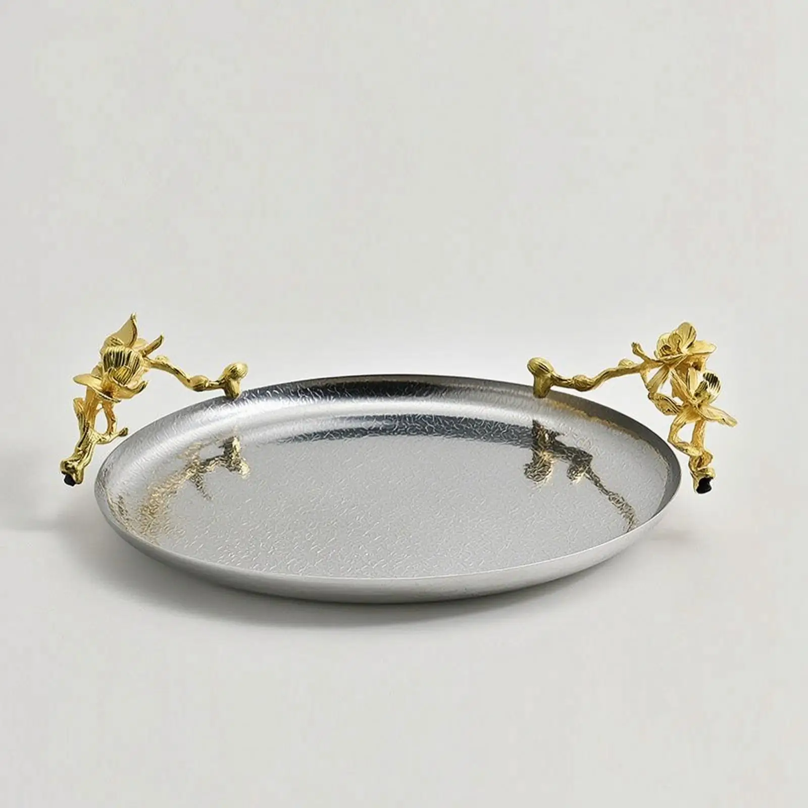 Elegant Silver Tone Serving Tray for Tea Time or Party Snacks Ornate Gold Flower Detail for Decor