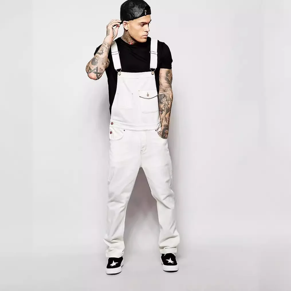 Men White Denim Dungarees New Slim Fit Stretch Overalls Multi Pockets Streetwear Casual Strap Long Jeans