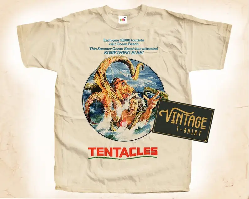 

Tentacles T shirt Tee Natural Vintage Cotton Movie Poster Beige All Sizes