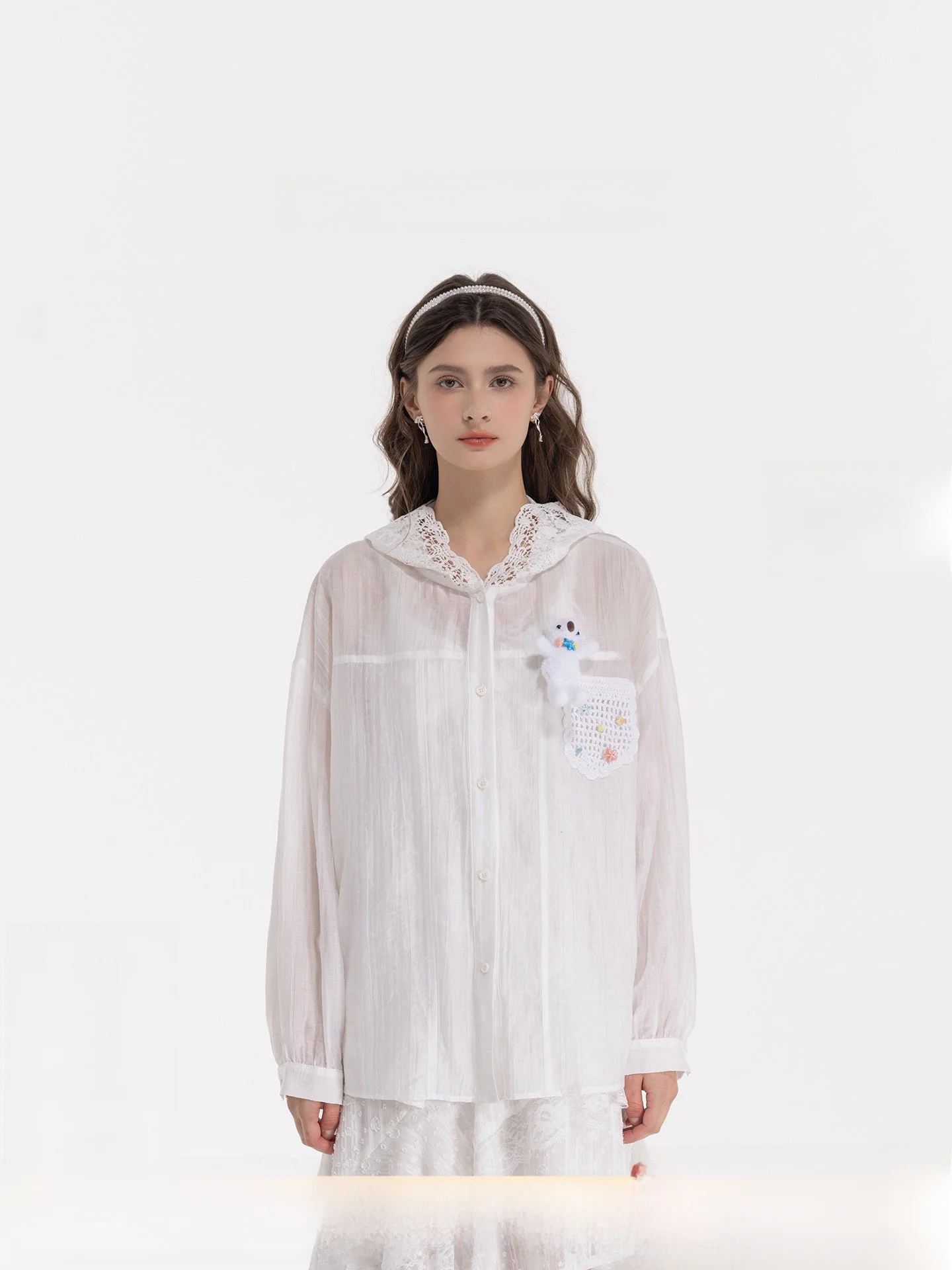 

Noisy Teddy26 Summer New Simple Pure Color Lace Collar Women's Hooded Long Sleeve Shirt Loose Match All Cotton Polyester Blend