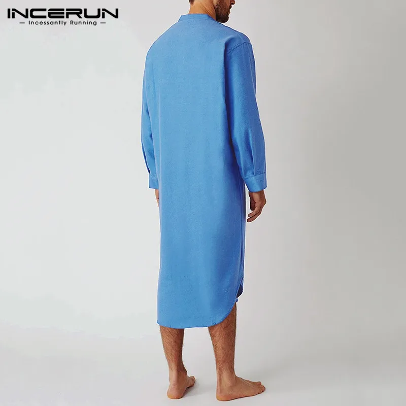 INCERUN Men\'s Sleep Robes Solid Color Long Sleeve O-neck Leisure Nightgown Mens Homewear 2024 Cotton Comfort Bathrobes Plus Size