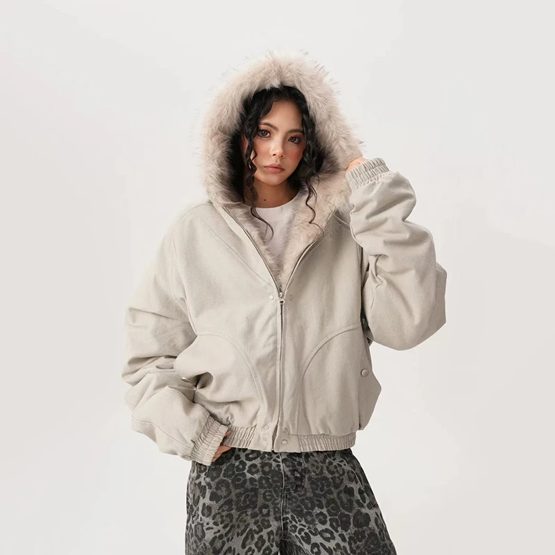 Winter Warme Kunstpelz Jacke Frauen Y2K Mode Streetwear Lose Beiläufige Plüsch Mäntel Bf Amerikanischen Alle Spiel Mit Kapuze Outwear Neue