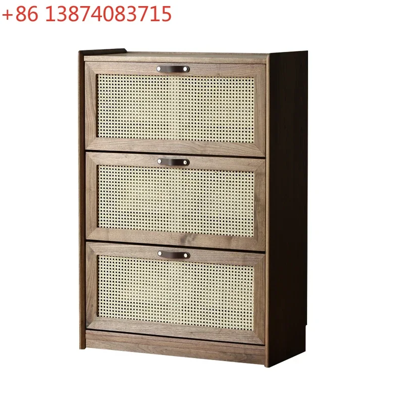 

Entrance Ultra-Thin Tilting Shoe Cabinet Black Walnut Rattan Breathable Doorway Shoe Rack Shoe Cabinet