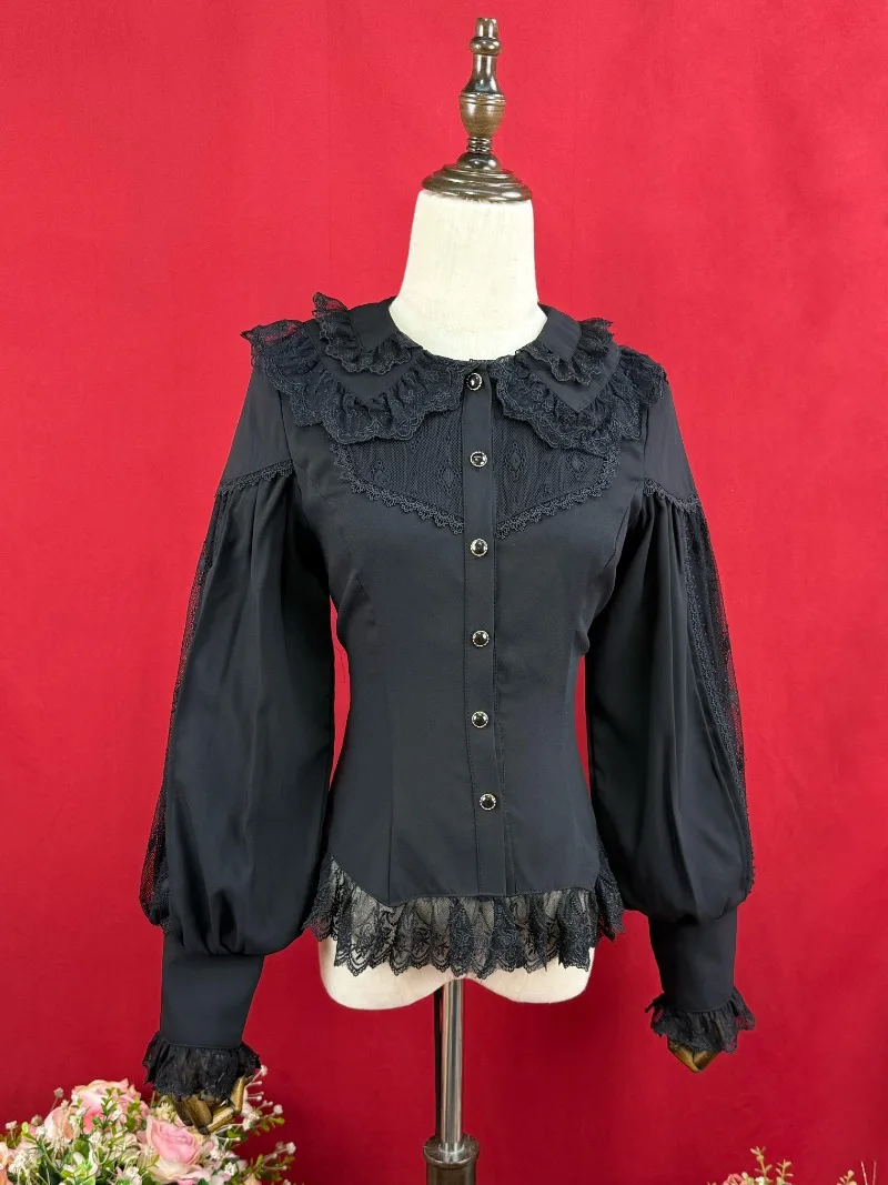 일본 로리타 스타일 레이스 인형 칼라 블라우스, 긴팔 셔츠, 슬림핏 상의, 싱글 브레스트 블라우스, 오리지널 스위트 Y2k 여성