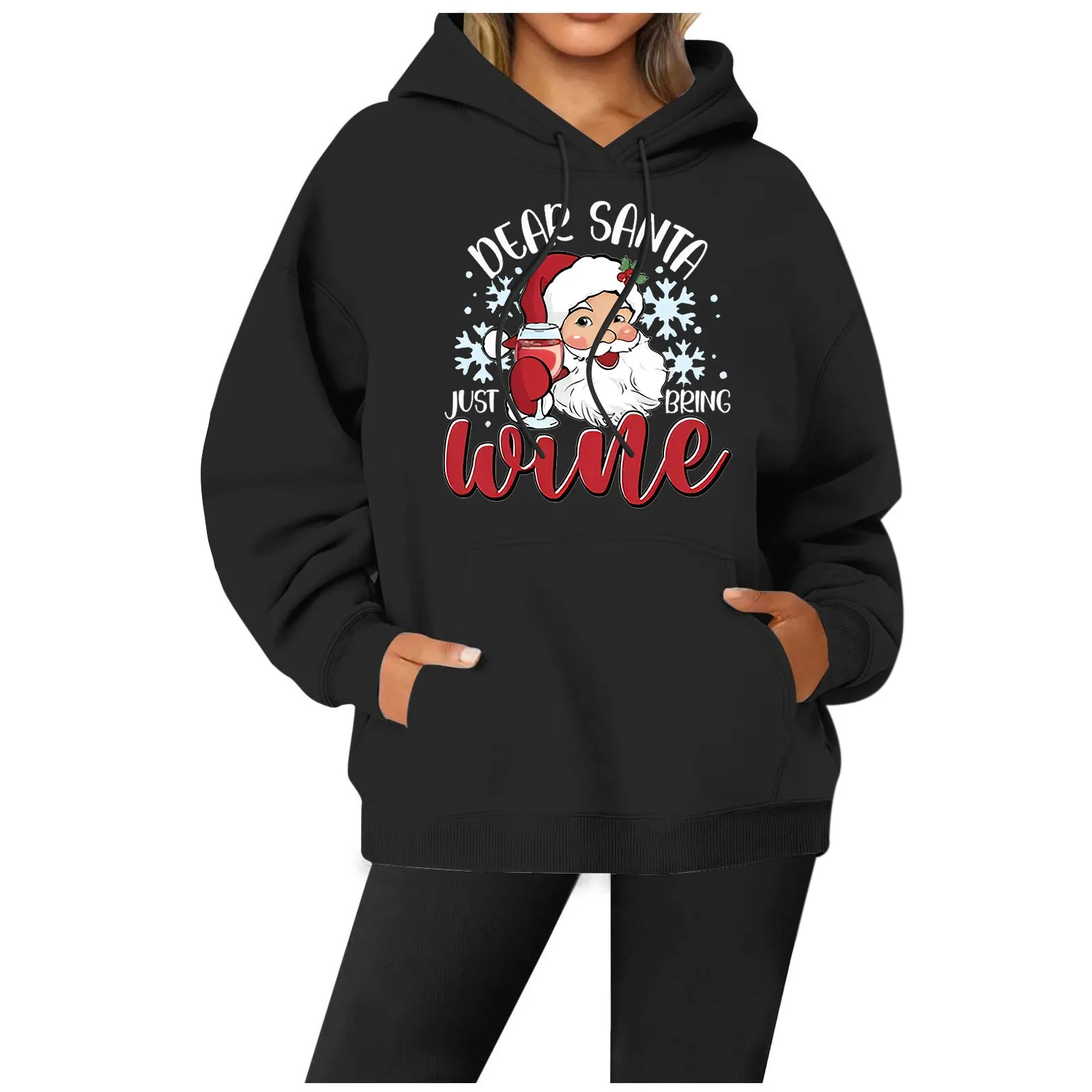 

Women's Christmas Sweatshirt Red Wine Glass Santa Print Jumper Winter Hooded Top With Long Sleeves Pockets Casual All Match Tops