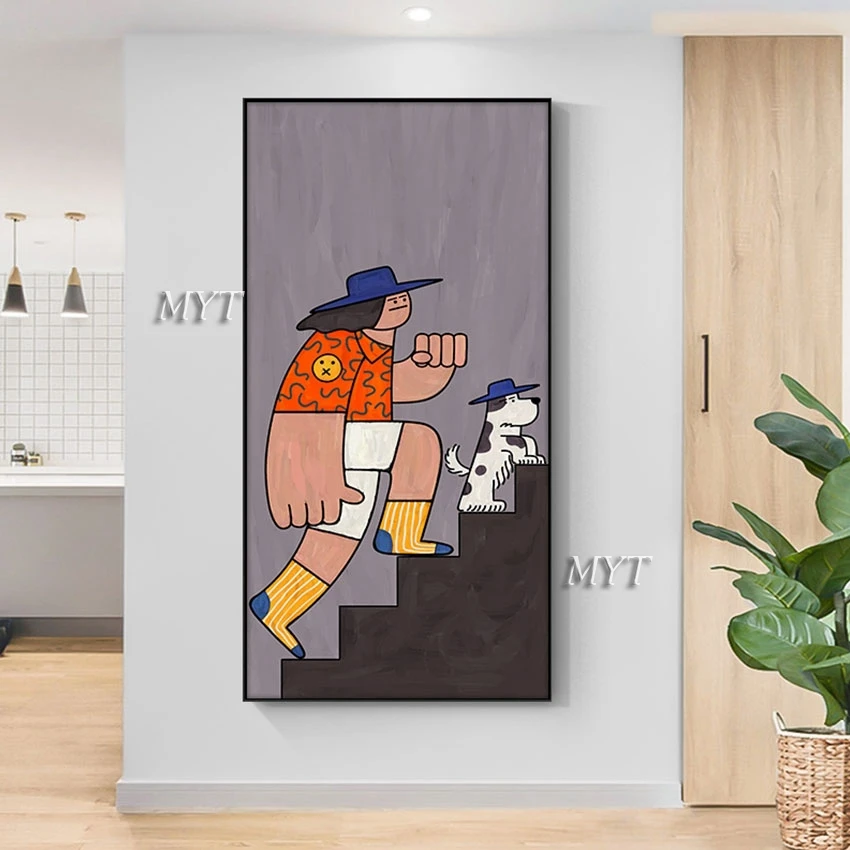 Latest Arrival Figure Cartoon Pictures Art Craft Unframed Linen Canvas Wall Art Decor Man Going Up Stairs Abstract Hand Painting