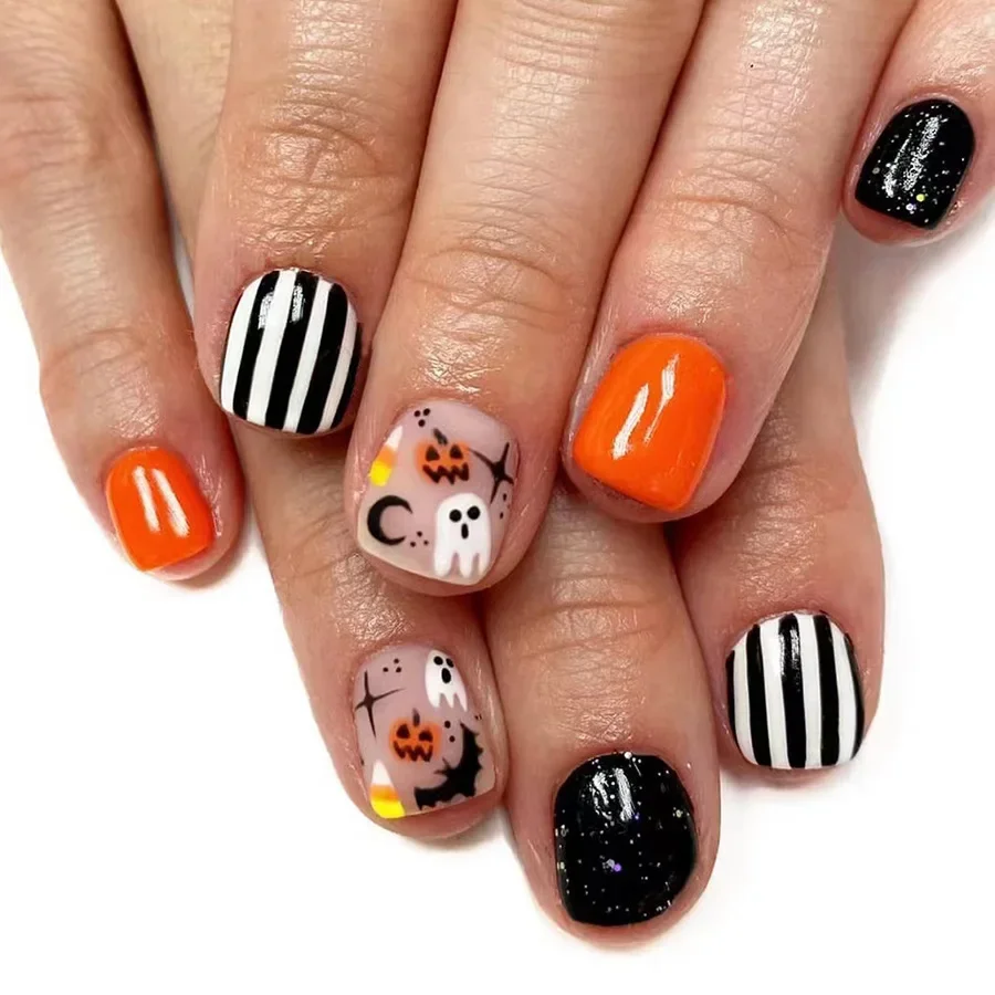 Faux ongles courts pour femmes et filles, Halloween souhaits on, mesurost Stripe, N64.Pumpkin, Bat, French Elements, 24PCs