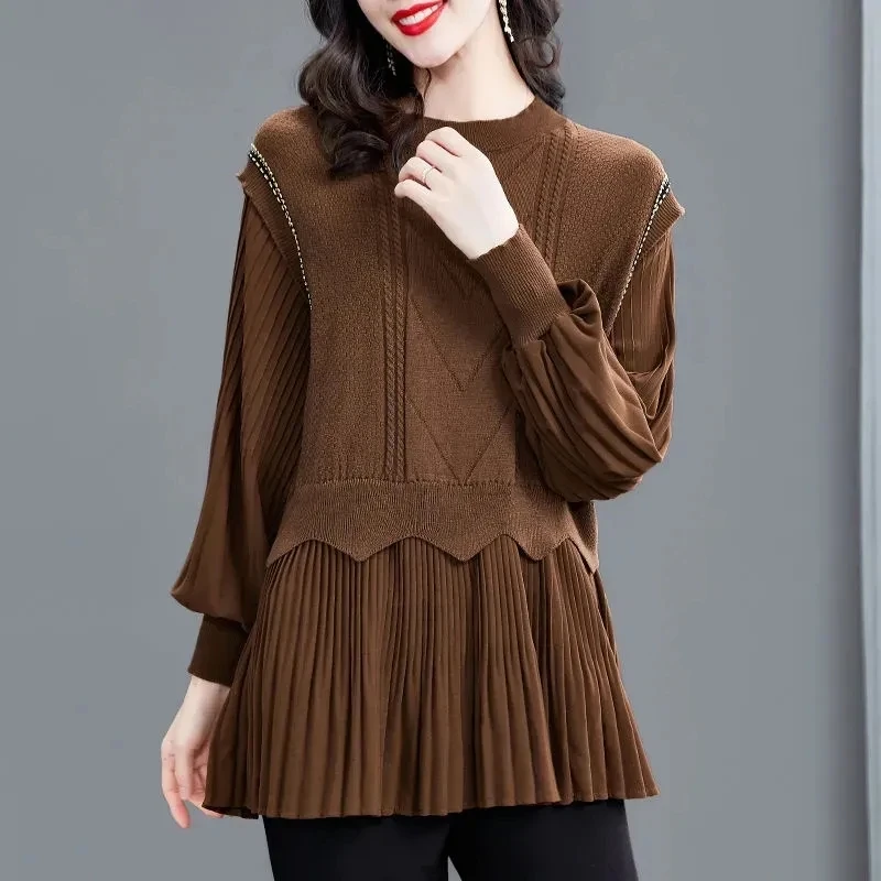 

Spring Autumn Middle Aged Mother Long Sleeved Knitted Pullover Sweater 2024 New Women Large Size Patchwork Knitting Jumper 4XL