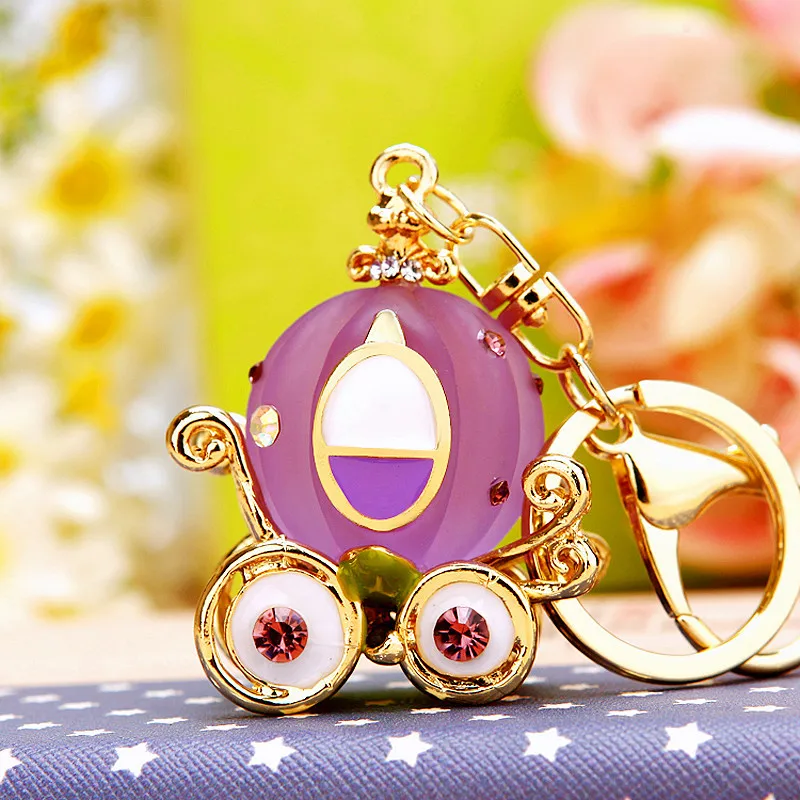 Lovely Cinderella Pumpkin Carriage Keychain Crystal Keyring Pendant Purse Bag Car Keychain