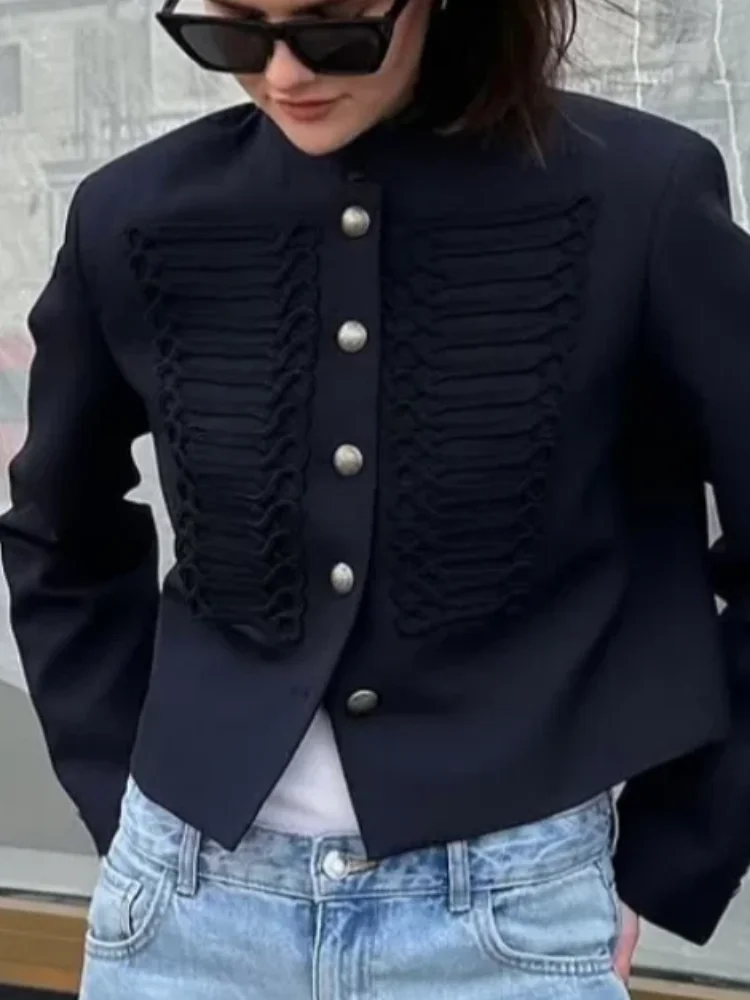 

Lady Retro Denim Military Short Jackets Women Chic Solid Stand Collar Single Breasted Slim Coat Daily Street Outerwear 2026 New